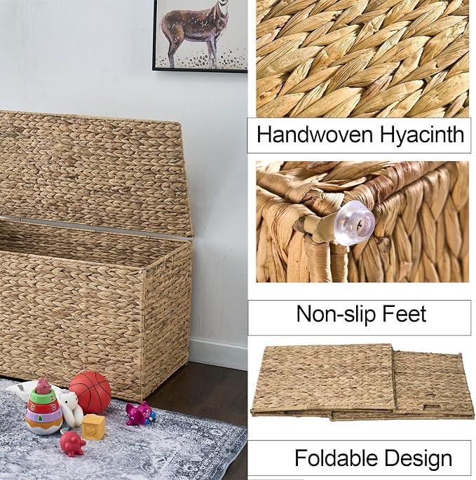 Water Hyacinth Storage Basket with Lid, 42.3 Gallon (160L) Blanket Storage Basket with Handles, Woven Storage Bin, Foldable, Metal Frame, for Bedroom, Laundry Room, Natural