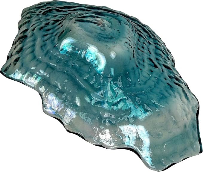 Oyster Shell Decorative Plate, 10 Inch Sea Blue Iridescent Glass | Compact Freeform Shell Form, Wavy Uneven Edges, Glossy Multitone Finish, Sits Flat for Tabletop Display