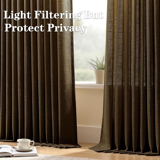 Chocolate Pinch Pleated Linen Curtains 84 Inches Long for Living Room, Light Filtering Pleat Drapes Textured Thick Memory Trained Semi-Sheer Curtain with Hooks for Bedroom Dining Room, 2 Panels