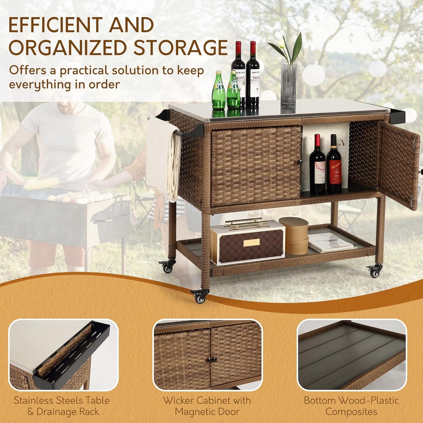 Wicker Outdoor Bar Cart with 4 Lockable Casters, Patio Prep Stainless Table with 2 Ratten Doors Storage Cabinet,Island Cart with WPC Shelf for Grill, Kitchen and Garden, Brown