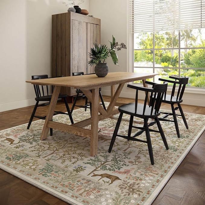 Washable Living Room Area Rug: 8x10 Rugs for Bedroom Vintage Stain Resistant Non Slip Low Pile Large Carpet Rugs for Kitchen Dining Room Farmhouse Kids Room Nursery Indoor