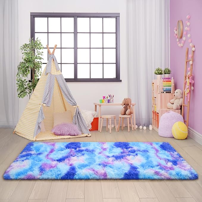 AROGAN 2x4 Feet Soft Runner Rugs for Bedroom Plush Fluffy Rug, Shag Furry Area Rug Carpet Non Shedding for Nursery Children Kids Girls Room Home Hallways Decorative, Blue and Purple
