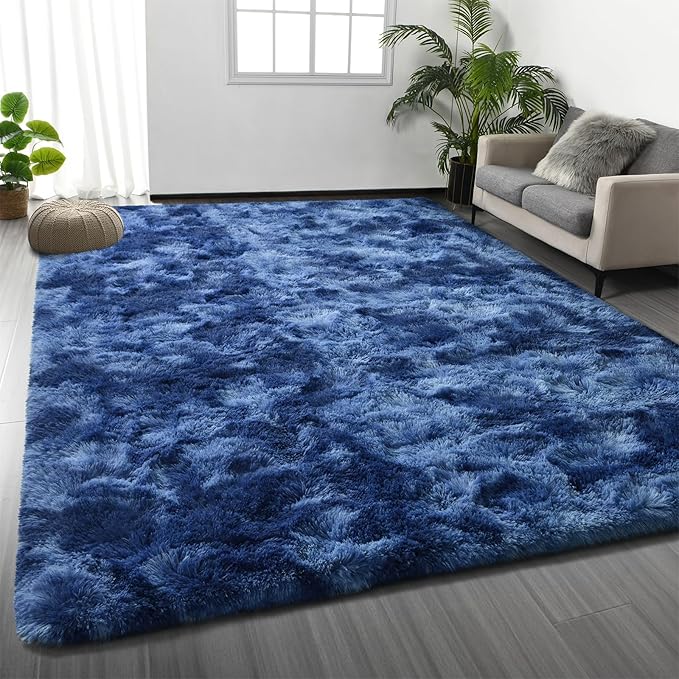 Deerhoo Shag Area Rug, 4 X 6 Plush Fuzzy Rugs for Living Room, Ultra Soft Fluffy Furry Rug for Bedroom, Indoor Carpet Nursery Rugs for Kids Room Home Decor, Tie-Dyed Navy Blue