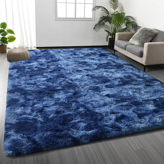 Deerhoo Shag Area Rug, 4 X 6 Plush Fuzzy Rugs for Living Room, Ultra Soft Fluffy Furry Rug for Bedroom, Indoor Carpet Nursery Rugs for Kids Room Home Decor, Tie-Dyed Navy Blue