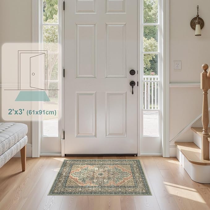 Tortania Area Rug 2x3 Doormat - Washable Vintage Oriental Farmhouse Soft Thin Indoor Carpet for Living Room Bedroom Hallway Entryway Kitchen - Sage Terracotta