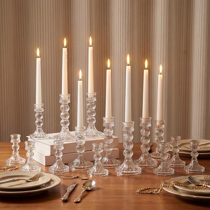 Mumufy 24 Pack Glass Taper Candle Holders Clear Candlestick Holder Fit 0.8 Inch Candles 4'' 6'' 8'' Tall Crystal Decorative Candlestick Stand Centerpiece for Table Wedding Dining Party (Vertical)