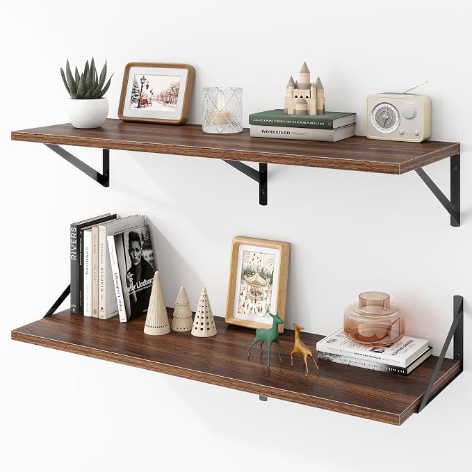 Acovy Deep Floating Shelves Wall Mounted, 36"x12" Walnut Wall Shelves with Brackets Set of 2 for Bedroom, Living Room, Bathroom, Kitchen, Office - Storage & Display Shelf for Decor, Books, Plants