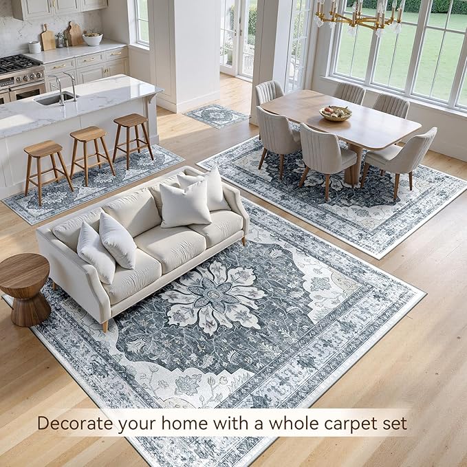 RELEANY Area Rugs 5'x7' Washable Non-Slip, Floral Vintage Distress Print Pattern Medallion Carpet for Living Room Bedroom Dining Room, Light Gray Grey White