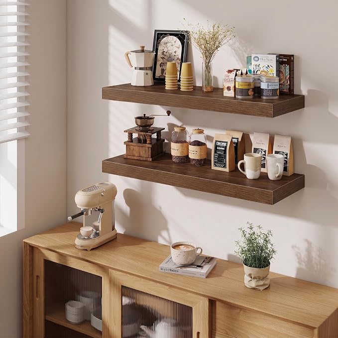 Fun Memories 12" Deep Floating Shelves for Wall, 36" W x 12" D Floating Shelves, Long Wood Floating Wall Shelf for Living Room Bathroom Bedroom Kitchen, Walnut, Set of 2