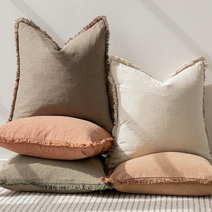 Foindtower Set of 2 Decorative Linen Fringe Lumbar Throw Pillow Covers Boho Farmhouse Cushion Cover with Tassels Soft Accent Pillowcase for Couch Sofa Bed Living Room Home Decor,12×20 Inch,Light Brown