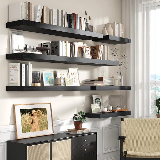 FLYJOE Deep Floating Shelves, 55 Inch Black Shelves Set of 1 | 12 Inch Deep Shelves for Wall, 55'' x 12'' Rustic Black Wood Shelves for Bathroom Living Room Laundry Room Kitchen