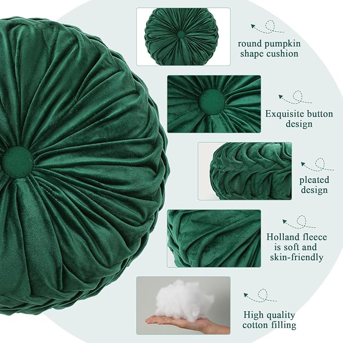 Drydiet 4 Pcs Round Throw Velvet Pillows Decorative Pleated Throw Pillows Diameter Accent Pumpkin Boho Chair Cushion for Couch Sofa Home Decoration (Sage Green,15'')