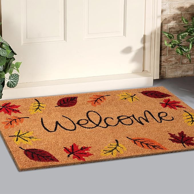 A1HC Natural Coco Coir Door Mat Autumn Leaves Doormat with Heavy Duty Non-Slip PVC Backing - 18" x 30" - Easy to Clean, Welcome Mat for Home, Low-Profile Durable Doormat