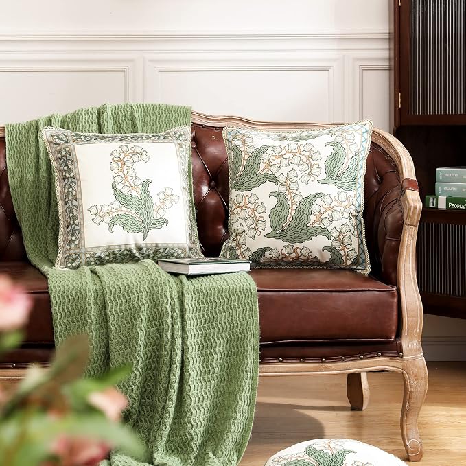 patdrea Designer French Velvet Throw Pillow Cover,Set of 4,-Callista | Elegant Lumbar Pillow Case,Green Vintage Floral Design,Decor Cushion Coverfor Couch Living Room Bedroom Sofa,Fringe Trim
