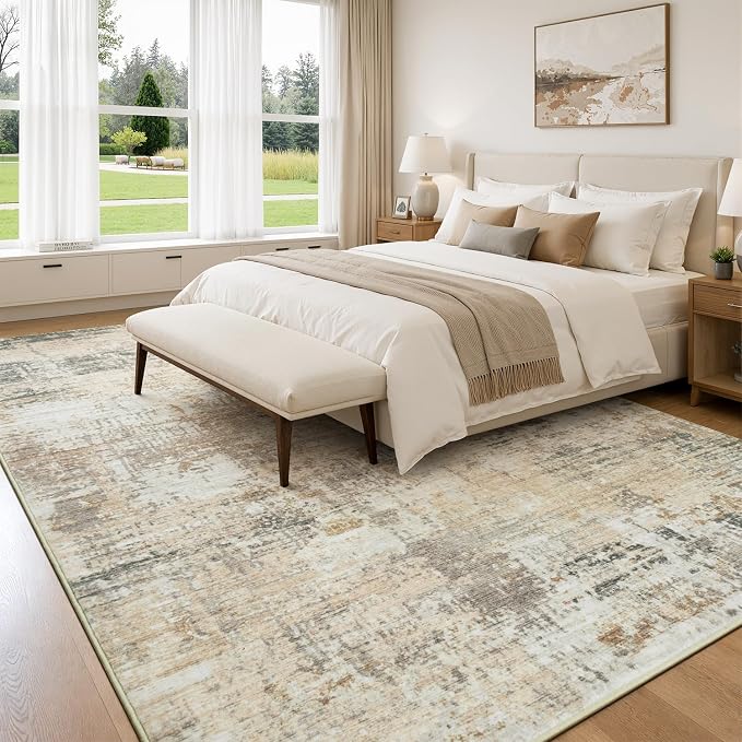 Rugflix 8x10 Area Rugs for Living Room, Washable Large Rug Stain-Resistant Low Pile, Modern Neutral Carpet for Dining Room Home Office Kid Room Nursery Bedroom, Gold/Beige/Grey