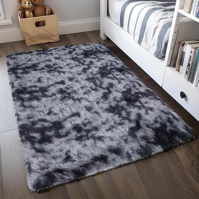 KICHOWUA 4x6 Dark Grey Fluffy Shag Rug for Bedroom, Soft Plush Fuzzy Washable Non Slip Floor Cozy Carpet for Living Room, Modern Comfy Furry Shaggy Area Rug for Kids Baby Nursery Dorm, Tie-Dye Gray