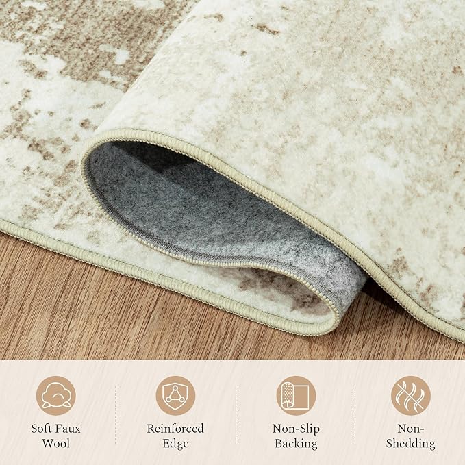 Rugflix 5x7 Area Rugs for Living Room, Washable Large Rug Stain-Resistant Low Pile, Modern Neutral Carpet for Dining Room Home Office Kid Room Nursery Bedroom, Beige