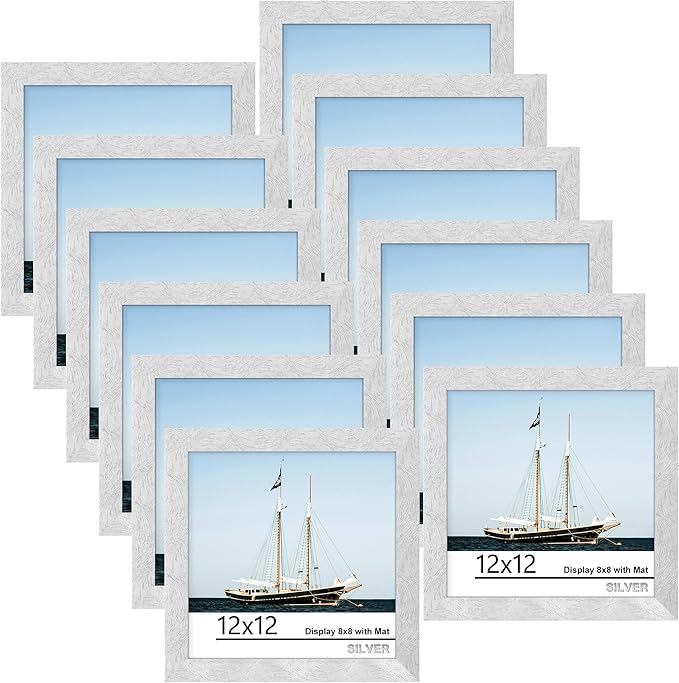 Picrit 12x12 Picture Frame Set of 12, Display 8x8 with Mat or 12 x 12 without Mat, Photo Frames for Wall Mounting Display, Silver