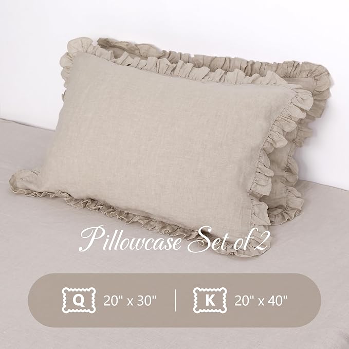 Natural Linen Pillow Shams, Ruffled Decorative Boho Pillow Cases (King Size - 20''x40'')