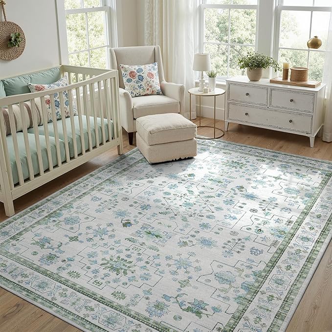 DCX Green 5x7 Rug, Kid & Pet Friendly with Rubber Back Non Slip, Machine Washable Stain Resistant Vintage Boho Floral Rug for Living Room, Bedroom, Soft Low Pile Large Nursery Carpet