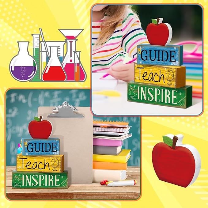 Yuntau 4 Pcs Teacher Appreciation Gift Wooden Table Decoration Apple Tiered Tray Decor Guide Teach Inspire Teacher Appreciation Gift Apple Block Sign Centerpiece Decor for Office Classroom