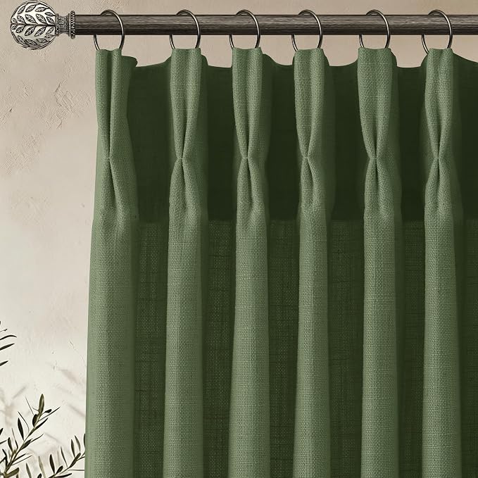 Pinch Pleated Linen Curtains 90 Inch, 2 Panels Premium 400GSM Memory Trained Semi Sheer Light Filtering Window Drapes for Living Room Bedroom Dining, Back Tab & Adjustable Hooks Rings, Olive Green