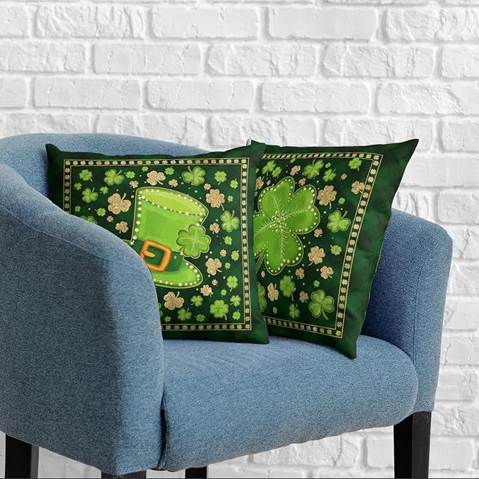 St Patricks Throw Pillow Covers Lucky Clover Hat Pillow Covers 20x20 Set of 2 Gold Green Shamrock Decorative Pillowcases Saint Patricks Day Decorations for Home Couch Bedroom