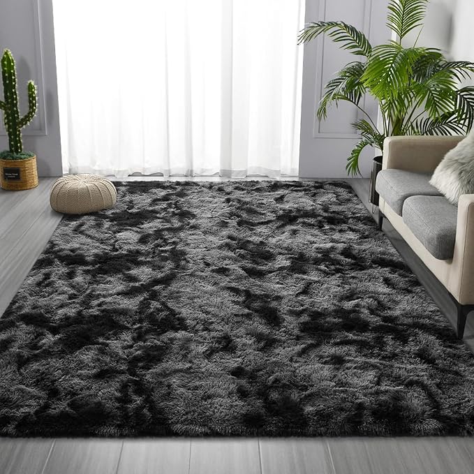 Deerhoo Large Shag Area Rugs 6 x 9, Tie-Dyed Plush Fuzzy Rugs for Living Room, Ultra Soft Fluffy Furry Rug for Bedroom, Indoor Carpet Nursery Rugs for Kids Room Home Decor, Dark Grey