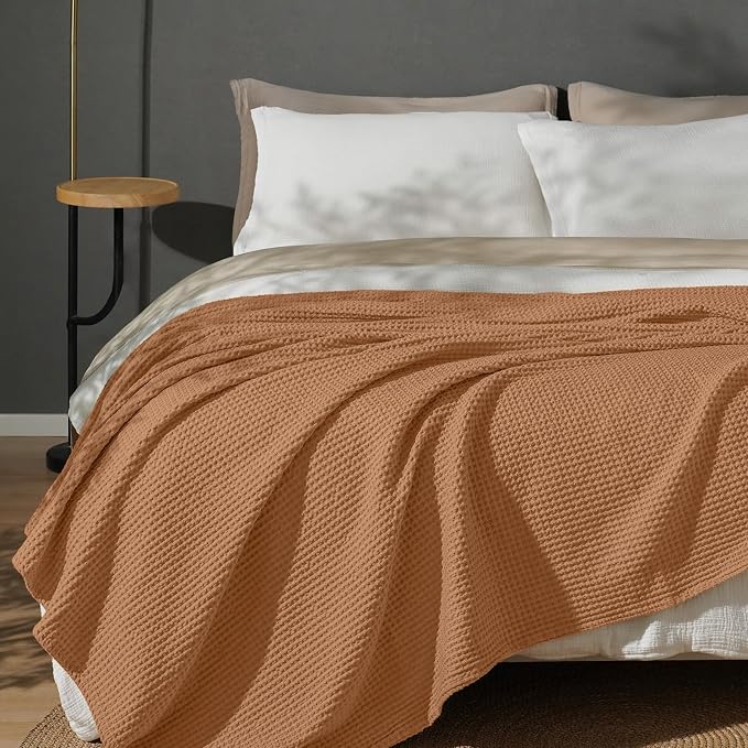 PHF Pre-Washed Cotton Waffle Weave Blanket Queen Size for Bed,Snag Proof Throw Blanket for Couch Spring Summer Lightweight Breathable,Oeko-TEX Certified,Machine Washable,Home Decor Gift-Cinnamon Brown