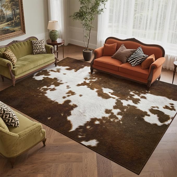 DweIke Cow Print Rugs for Living Room, 4x6 Soft Faux Animal Cowhide Area Rug, Washable Non-Slip Stain Resistant Throw Carpet for Dining Room Office Western Home Decor, Light Brown