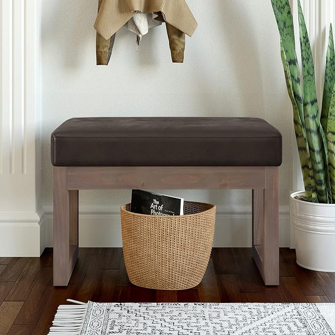 SIMPLIHOME Milltown Small Ottoman Bench - 27 inch Wide Upholstered Vegan Leather Rectangle Footstool Ottoman in Distressed Brown, Contemporary Bench for Bedroom with Cushioned Seat
