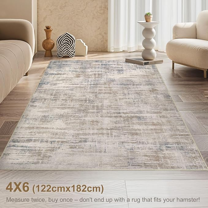 UERMEI 4x6 Washable Area Rug for Living Room: Modern Neutral Abstract Soft Low Pile Carpet Non-Slip Pet Kids Friendly Indoor Decor for Bedroom Dining Room Home Office Nursery Brown