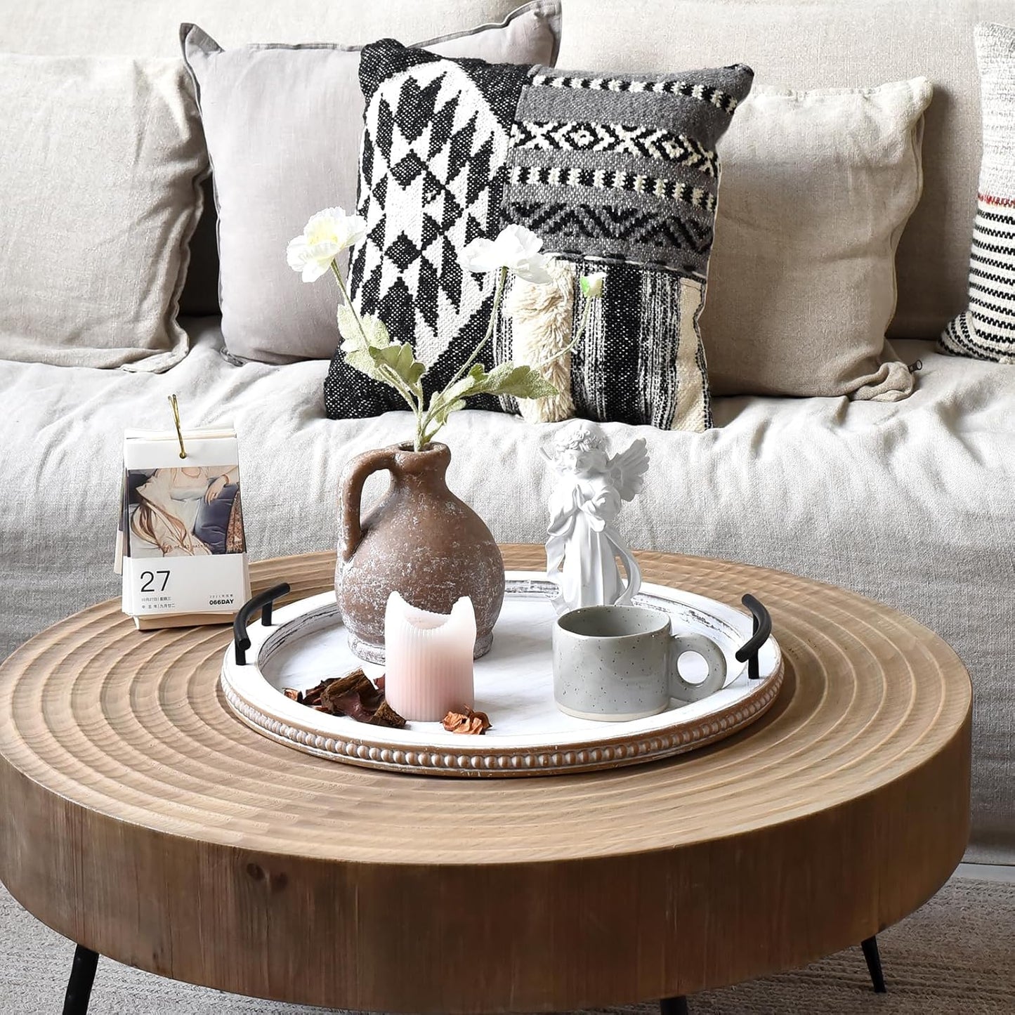 SwallowLiving 18Inch White Wooden Beaded Serving Tray with Handle Decorative Rustic Whitewashed Tray for Coffee Table Farmhouse Round Tray for Kitchen, Living Room and Bedroom