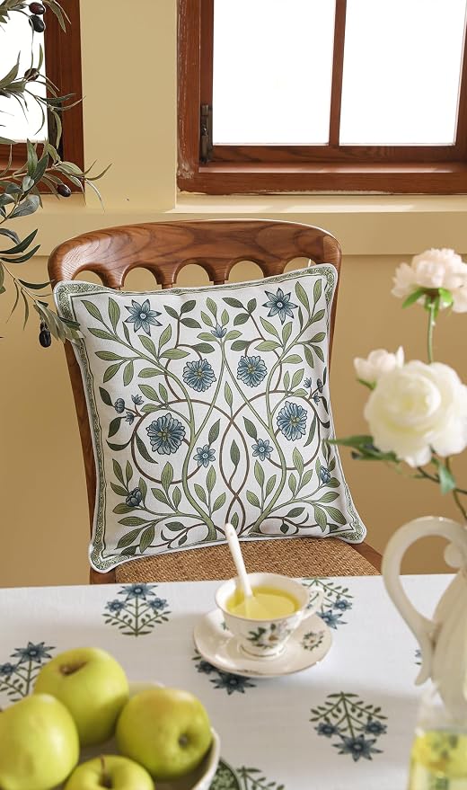 ISAENNE Designer Linen Throw Pillow Cover,Set of 2,18"x18"-Mosella A | Vintage Elegant Square Decor Pillow Cover,Concealed Zipper Design,Floral Pattern,Sofa,Bedroom,Living Room,Lounge Chairs