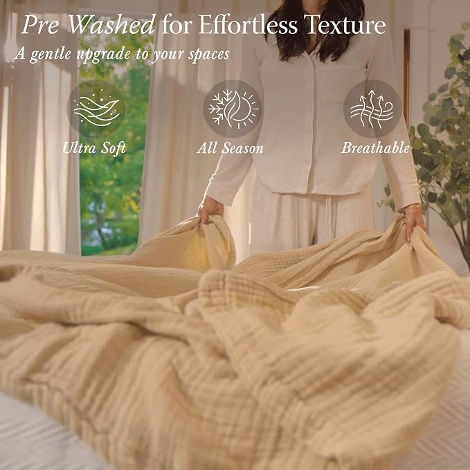 Threadmill King Size Blanket | 4 Layer 100% Cotton Gauze Blanket| Lightweight, Breathable, Pre Washed Cozy Summer Muslin Blanket |Throw Blanket for Couch, Bed, or as a Picnic Blankets | Beige