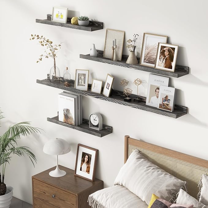 FLYJOE Picture Ledge Wall Shelves - 36 Inch Width Set of 3, Solid Pine Wood Rustic Floating Ledge Shelves for Kids' Room, Bedroom, Kitchen, Bathroom, Living Room, Nursery Display Wall Decor, Grey