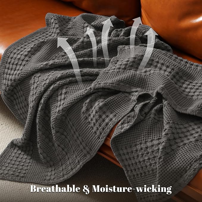 PHF 100% Cotton Waffle Blanket King Size for Bed, Lightweight Breathable and Soft for Summer, Luxury Aesthetic Waffle Weave Blanket for Home Decor & Gifts for Women, 108"x90", Charcoal Grey