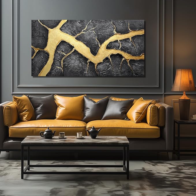 DNIEOTU Hand Painted Abstract Wall Art for Living Room, Black and Gold Canvas Wall-Decor for Bedroom, 3D Textured Paintings for Hallway Office, Large Size 59 x 29 Inches