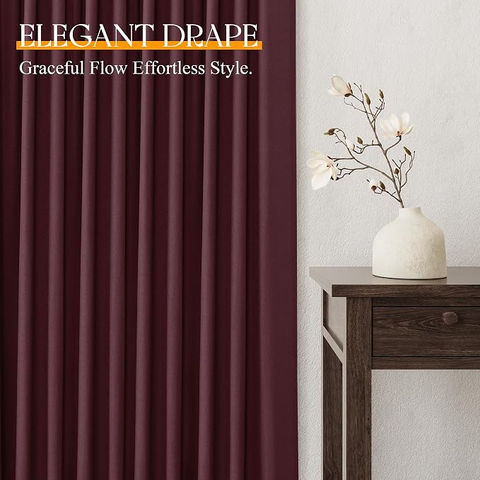 Jowels Burgundy Linen Curtains 84 Inch Long 2 Panels for Living Room | Light Filtering Semi Sheer Curtain, Back Tab Pocket Pleated Look, Boho Farmhouse Textured Privacy Drapes for Bedroom Window