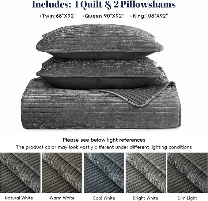 PHF Luxury Velvet Quilt Set King Size – 3PCS Ultra Soft Quilted Comforter Alternative with Striped Channel, Cozy Quilted Bedspread, 1 Coverlet with 2 Matching Shams, 108" x 92", Grey