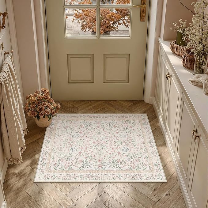 PureCozy 2x3 Pink Area Rug for Entryway Washable Vintage Floral Carpet Low Pile Non Slip Botanical Aesthetic Small Soft Accent Throw Rug Entrance Kitchen Bedroom Nursery Office Indoor