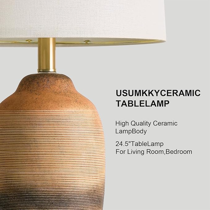 24.5" Handcrafted Ceramic Table Lamp with 5FT Cord, Single Farmhouse Vintage Rustic Bedside Lamp for Living Room Bedroom, Linen Shade Nightstand End Table Decor (Bulb Not Included)Earthy Yellow