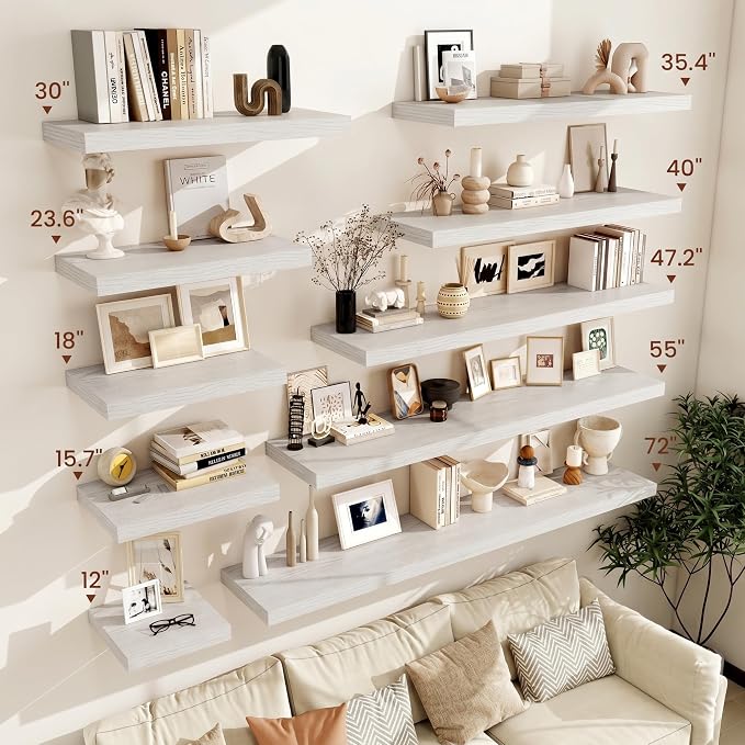 Vivelove 12 Inch Deep Floating Shelves 55 inch Long, 2 Inch Thick Wall Shelves with Invisible Brackets, Shelf for Bedroom Bathroom Living Room Kitchen Office Home, Modern Shelf Set of 2, White Birch