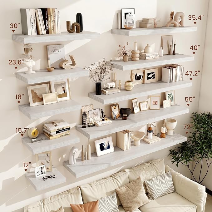 Vivelove 12 Deep Floating Shelves for Wall, 40 Inch Shelves for Room Wall Mounted, 2" Thick Floating Shelf for Living Room Bedroom Bathroom Kitchen Laundry Room, Set of 2 White Birch