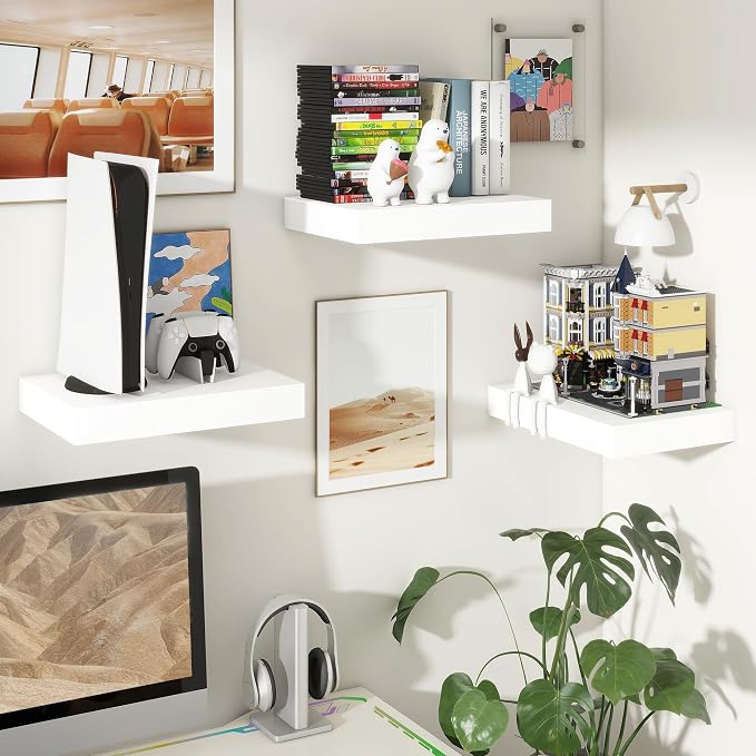 FLYJOE 12 Inch Deep Floating Shelves | 16 Inch White Floating Shelves Set of 2 | Rustic White Deep Shelves for Wall | White Wall Shelves for Living Room Bathroom Kicthen Bedroom