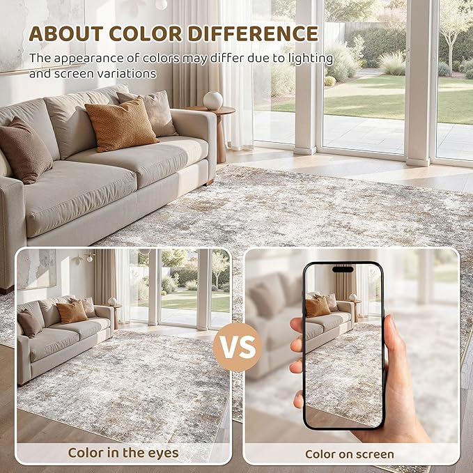 UERMEI 5x7 Area Rug Living Room Rugs - Washable Neutral Modern Abstract Soft Thin Large Rug Indoor Floor No Slip Rug Carpet for Bedroom Under Dining Table Home Office Decor - Brown Grey