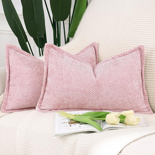 MADIZZ Decorative Chenille Velvet Throw Pillow Covers Set of 2 Soft Boho Textured Neutral Couch Throw Pillow for Bed Modern Farmhouse Home Decor for Sofa Livingroom Pink 12x20 Inch