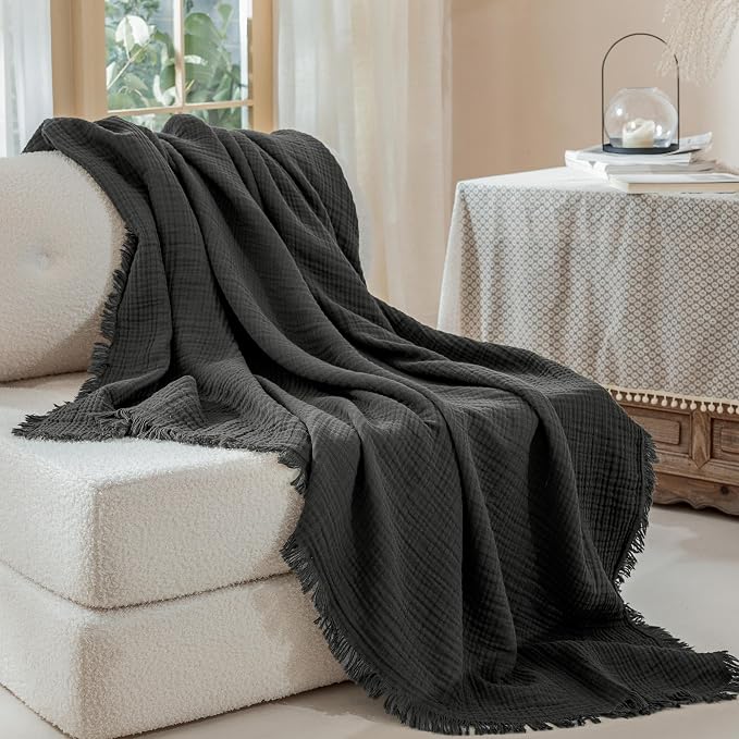 Muslin Fringe Blankets for Adults: 100% Cotton Cloud Soft | 4-Layer Gauze Breathable Lightweight All Season Throw Blanket for Bed Couch Sofa Office