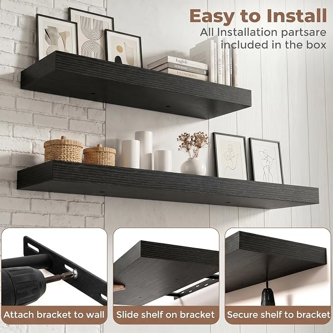 30 Inch Floating Shelves for Wall, 8"D Wood Storage Shelves, Black Finish | Engineered Wood, Invisible Bracket, Large Storage, Easy Install, Hold Up to 44lbs, Living Room, Bathroom, Bedroom, Kitchen