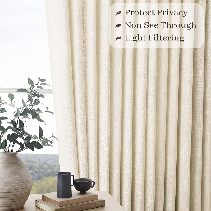 Extra Long Pinch Pleated 108 Inches Long 2 Panels Set for Sliding Glass Door Beige Cream Thick Linen Textured Semi Sheer Curtain Privacy Light Filtering Living Room Bedroom Window Drapes Back Tab